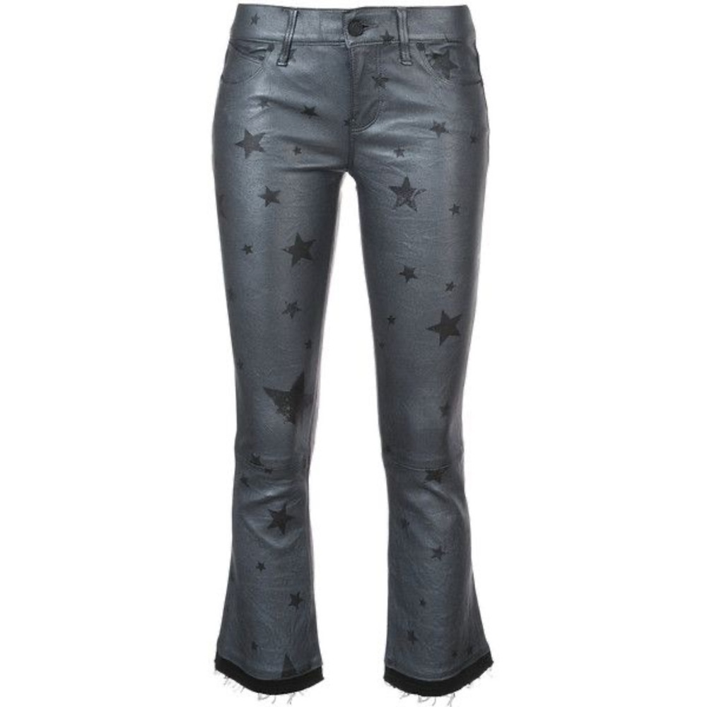 RtA Kiki Lamb Leather Crop Kick Flare Pants Star Print Gray Silver Sz 28